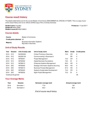 Printed on: 17/Jan/2017
Course result history
The details listed below are for the course Master of Commerce (MACOMMER-03, CRICOS: 077328F). This is a copy of your
online result history and not an official certified copy of the university transcript.
Student name Ying Bao
Student ID 460210995
Student course ID 460210995/1
Course details
Course Master of Commerce
Credit points obtained 48
Major(s)
Business Information Systems
Big Data in Business
Unit of Study Results
Year Session Unit of study code Unit of study name Mark Grade Credit points
2016 S1C BUSS5000 Critical Thinking in Business 73.0 CR 6
2016 S1C BUSS5100 Communicating in Business A SR 0
2016 S1C INFS5001 Project Management 73.0 CR 6
2016 S1C INFS5002 Digital Business Foundations 79.0 DI 6
2016 S1C INFS6012 Enterprise Systems Management 86.0 HD 6
2016 S2C INFS6002 Strategic Information Systems Sourcing 96.0 HD 6
2016 S2C INFS6015 Business Process Management 87.0 HD 6
2016 S2C INFS6022 Systemic Sustainable Development 74.0 CR 6
2016 S2C INFS6032 Agile Project Management 75.0 DI 6
Credit points gained 48
Your Average Marks
Year Session Semester average mark Annual average mark
2016 Semester 1 77.8 NA
2016 Semester 2 83.0 80.4
End of course result history
 