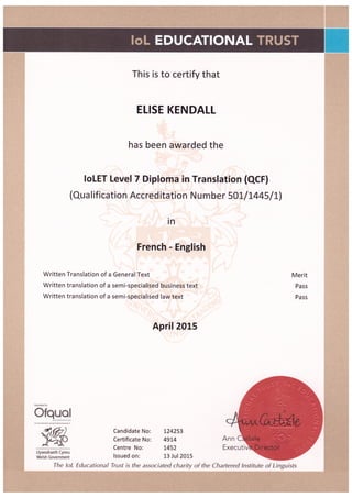 Elise Kendall IoL All Units Certificate