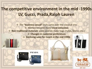 The competitive environment in the mid -1990s
LV, Gucci, Prada,Ralph Lauren
→ The “business casual” style came over the classical one
→ Women become more trend-conscious
→ Non traditional materials were used do make bags (nylon, fabrics etc.)
→ Changes in customer preferences
→ Declining sales for Coach in the mid 1990s
 
