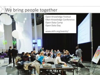 Open	
  Knowledge	
  Fes*val	
  
Oken	
  Knowledge	
  Conference	
  	
  
Open	
  Data	
  Camp	
  
Open	
  Data	
  Day	
  
...	
  
www.okfn.org/events/
We	
  bring	
  people	
  together
 