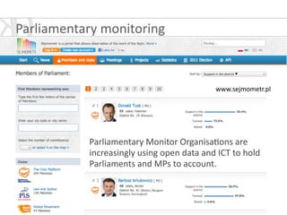 Parliamentary	
  Monitor	
  Organisa*ons	
  are	
  
increasingly	
  using	
  open	
  data	
  and	
  ICT	
  to	
  hold	
  
Parliaments	
  and	
  MPs	
  to	
  account.
www.sejmometr.pl
Parliamentary	
  monitoring	
  
 