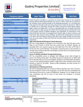 Godrej Properties Limited
25 July 2011
Jaypee Research Desk
www.jaypeeindia.com
www.jaypeeusa.com
Service offerings
Research and Advisory
Execution
Corporate Access & Events
As on July 22,2011
Market Cap (`mn) 56,924
52 Week High/Low (`) 845/545
Book Value (FY12E) (`) 143
Face Value (`) 10
Codes
BSE Code 533150
NSE Code GODREJ PROP
Bloomberg Code GPL IN
Reuters Code GODR.BO
Shareholding Pattern (%)
Jun’11 Mar’11 Dec’10
Promoters 83.8 83.8 83.8
FII 5.5 5.5 4.8
DII 2.0 2.0 2.5
Others 8.7 8.7 9.0
Share Price Performance
80
90
100
110
120
130
Jul-10 Sep-10 Nov-10 Jan-11 Mar-11 May-11 Jul-11
GPL Sensex
Godrej Properties Ltd (GPL) is a pan-India real estate player focused on the affordable
housing segment with 83.64msf saleable area, across 11 cities in India. We are positive on
the company’s future outlook broadly on the following parameters: a) a successful pan-
India expansion through its JDA and outsourcing business model; b) execution of ~88% of
its saleable area is undertaken through JDA model, ensuring low initial capital outflow,
higher margins and higher ROE; c) access to unqualified 685 acres of quality land banks
through its parent, Godrej Group; d) an MOU with the Godrej Group to develop 185 acres
in the growing markets of Mohali, Bengaluru and Hyderabad; e) monetization of the
Vikhroli 500-acre land bank; f) leveraging brand ‘Godrej’ helps to attract customers and
land-owners alike. Based on these attributes, we believe GPL should trade at a premium
to its peers. We have Neutral rating on GPL with a price target of `730. At the current
price, the stock trades at FY12E and FY13E P/E of 45.4x & 34.8x and P/BV of 5.7x & 5.1x
respectively.
High-Value Mumbai-NCR Projects to Drive Revenues
GPL has a huge pipeline of projects to be launched in the next two years and is
likely to sell 3.51msf in FY13E from the current level of 3.20msf. Overall, we
anticipate GPL’s net income to grow by 31% CAGR over FY11-13E, to `7.75bn in
FY13E from the current `4.52bn. This growth is primarily due to new launches in
the high-value market of Mumbai and Gurgaon and also due to increased execution
at the existing projects.
Access To Quality Land-Bank Through Godrej Group
GPL has unqualified access to strategic land holdings across India through its
parent, the Godrej Group (GG). The Godrej Group has entered into an MOU with
GPL to develop 185 acres across Chandigarh, Bengaluru and Hyderabad. We believe
access to such quality land bank renders a high value to the company and we have
estimate a value for the MOU. Based on 60% probability, we have arrived at a
value of `167/share.
Monetization of Vikhroli Land Parcel
GPL will be developing 500 acres of land at Vikhroli, Mumbai over next 7-10 years.
We have assigned a value to this land bank, and at 50% execution probability and
13% discount we arrive at a value of `500/share. However, for our target price we
have considered only the 35 acres of land which the company is currently
developing.
Share Price Returns (%)
1M 6M 12M
Absolute 21 38 26
Relative 14 40 22
Hitendra Gupta
hgupta@jaypeeindia.com
Contact No: -91 22 4354 2023
Finanical Summary (` Mn.)
Year Ended FY10 FY11 FY12E FY13E
Net Sales 3,134 4,515 6,242 7,749
EBITDA 2,008 3,240 4,528 5,584
EBITDA Margin (%) 28.3 23.3 23.7 24.9
Net Profit 26 40 47 53
PAT Margin (%) 39.6 31.6 22.4 23.3
EPS 17.6 18.7 17.9 23.4
PER (x) 46.3 43.5 45.4 34.8
PBV (x) 7.0 6.2 5.7 5.1
ROE (%) 19.9 22.5 20.0 23.1
Company Update CMP: `814 TARGET: `730 NEUTRAL
 