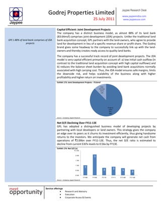Godrej Properties Limited
25 July 2011
Jaypee Research Desk
www.jaypeeindia.com
www.jaypeeusa.com
Service offerings
Research and Advisory
Execution
Corporate Access & Events
GPL’s 88% of land-bank comprises of JDA
projects
Capital Efficient: Joint Development Projects
The company has a distinct business model, as almost 88% of its land bank
(83.64msf) comprises joint-development (JDA) projects. Unlike the traditional land
bank acquisition concept, GPL partners with the land-owners, who agree to provide
land for development in lieu of a specific revenue share or profit share. The Godrej
brand gives some headway to the company to successfully link up with the land-
owners and thereby creates ready access to quality land banks.
The company has a successful track record of joint development projects. The JDA
model is very capital efficient primarily on account of: a) low initial cash outflow (in
contrast to the traditional land acquisition concept with high capital outflows) and
b) reduces the balance sheet burden by avoiding land bank acquisitions normally
associated with high carrying cost. Thus, the JDA model ensures safe margins, limits
the downside risk, and helps scalability of the business along with higher
profitability and higher return on investments.
Exhibit 173: Joint Development Projects - 73.6msf
Projects
under
JDA ;
88%
Own
Develop
ment;
12%
Source – Company, Jaypee Research
Net D/E Declining Over FY11-13E
GPL has adopted a distinguished business model of developing projects by
partnering with local developers or land owners. This strategy gives the company
an edge over its peers as it churns its investment efficiently, thus giving handsome
returns to the investors. We anticipate the company will generate net cash from
operations of `2.09bn over FY11-13E. Thus, the net D/E ratio is estimated to
decline from current 0.87x levels to 0.56x by FY13E.
Exhibit 174: Net D/E (x)
1.0
2.1
0.8
0.9
0.7
0.6
0.00
0.50
1.00
1.50
2.00
2.50
FY08 FY09 FY10 FY11 FY12E FY13E
`
Source – Company, Jaypee Research
 