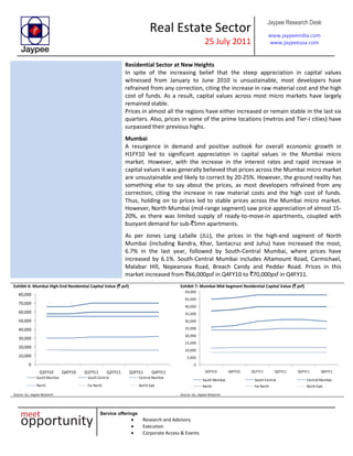 Real Estate Sector
25 July 2011
Jaypee Research Desk
www.jaypeeindia.com
www.jaypeeusa.com
Service offerings
Research and Advisory
Execution
Corporate Access & Events
Residential Sector at New Heights
In spite of the increasing belief that the steep appreciation in capital values
witnessed from January to June 2010 is unsustainable, most developers have
refrained from any correction, citing the increase in raw material cost and the high
cost of funds. As a result, capital values across most micro markets have largely
remained stable.
Prices in almost all the regions have either increased or remain stable in the last six
quarters. Also, prices in some of the prime locations (metros and Tier-I cities) have
surpassed their previous highs.
Mumbai
A resurgence in demand and positive outlook for overall economic growth in
H1FY10 led to significant appreciation in capital values in the Mumbai micro
market. However, with the increase in the interest rates and rapid increase in
capital values it was generally believed that prices across the Mumbai micro market
are unsustainable and likely to correct by 20-25%. However, the ground reality has
something else to say about the prices, as most developers refrained from any
correction, citing the increase in raw material costs and the high cost of funds.
Thus, holding on to prices led to stable prices across the Mumbai micro market.
However, North Mumbai (mid-range segment) saw price appreciation of almost 15-
20%, as there was limited supply of ready-to-move-in apartments, coupled with
buoyant demand for sub-`5mn apartments.
As per Jones Lang LaSalle (JLL), the prices in the high-end segment of North
Mumbai (including Bandra, Khar, Santacruz and Juhu) have increased the most,
6.7% in the last year, followed by South-Central Mumbai, where prices have
increased by 6.1%. South-Central Mumbai includes Altamount Road, Carmichael,
Malabar Hill, Nepeansea Road, Breach Candy and Peddar Road. Prices in this
market increased from `66,000psf in Q4FY10 to `70,000psf in Q4FY11.
Exhibit 6: Mumbai High-End Residential Capital Value (` psf)
0
10,000
20,000
30,000
40,000
50,000
60,000
70,000
80,000
Q3FY10 Q4FY10 Q1FY11 Q2FY11 Q3FY11 Q4FY11
South Mumbai South Central Central Mumbai
North Far North North East
Source: JLL, Jaypee Research
Exhibit 7: Mumbai Mid-Segment Residential Capital Value (` psf)
0
5,000
10,000
15,000
20,000
25,000
30,000
35,000
40,000
45,000
50,000
Q3FY10 Q4FY10 Q1FY11 Q2FY11 Q3FY11 Q4FY11
South Mumbai South Central Central Mumbai
North Far North North East
Source: JLL, Jaypee Research
 