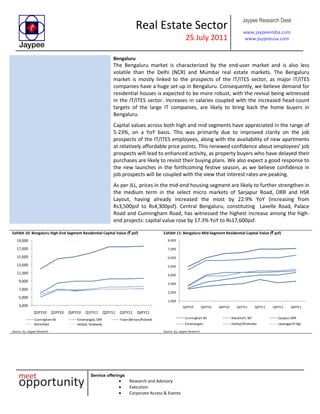 Real Estate Sector
25 July 2011
Jaypee Research Desk
www.jaypeeindia.com
www.jaypeeusa.com
Service offerings
Research and Advisory
Execution
Corporate Access & Events
Bengaluru
The Bengaluru market is characterized by the end-user market and is also less
volatile than the Delhi (NCR) and Mumbai real estate markets. The Bengaluru
market is mostly linked to the prospects of the IT/ITES sector, as major IT/ITES
companies have a huge set-up in Bengaluru. Consequently, we believe demand for
residential houses is expected to be more robust, with the revival being witnessed
in the IT/ITES sector. Increases in salaries coupled with the increased head-count
targets of the large IT companies, are likely to bring back the home buyers in
Bengaluru.
Capital values across both high and mid segments have appreciated in the range of
5-23%, on a YoY basis. This was primarily due to improved clarity on the job
prospects of the IT/ITES employees, along with the availability of new apartments
at relatively affordable price points. This renewed confidence about employees’ job
prospects will lead to enhanced activity, as property buyers who have delayed their
purchases are likely to revisit their buying plans. We also expect a good response to
the new launches in the forthcoming festive season, as we believe confidence in
job prospects will be coupled with the view that interest rates are peaking.
As per JLL, prices in the mid-end housing segment are likely to further strengthen in
the medium term in the select micro markets of Sarjapur Road, ORR and HSR
Layout, having already increased the most by 22.9% YoY (increasing from
Rs3,500psf to Rs4,300psf). Central Bengaluru, constituting Lavelle Road, Palace
Road and Cunningham Road, has witnessed the highest increase among the high-
end projects: capital value rose by 17.3% YoY to Rs17,600psf.
Exhibit 10: Bengaluru High-End Segment Residential Capital Value (` psf)
3,000
5,000
7,000
9,000
11,000
13,000
15,000
17,000
19,000
Q3FY10 Q3FY10 Q4FY10 Q1FY11 Q2FY11 Q3FY11 Q4FY11
Cunningham Rd Koramangala, ORR Frazer/Benson/Richards
Whitefield Hebbal, Yelahanka
Source: JLL, Jaypee Research
Exhibit 11: Bengaluru Mid-Segment Residential Capital Value (` psf)
1,000
2,000
3,000
4,000
5,000
6,000
7,000
8,000
Q3FY10 Q3FY10 Q4FY10 Q1FY11 Q2FY11 Q3FY11 Q4FY11
Cunningham Rd Marathalli, WF Sarjapur,ORR
Koramangala Hebbal/Yelahanka Jayanagar/JP Ngr
Source: JLL, Jaypee Research
 