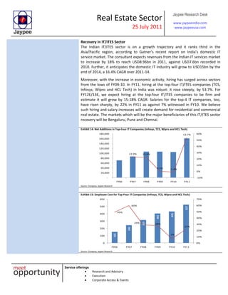 Real Estate Sector
25 July 2011
Jaypee Research Desk
www.jaypeeindia.com
www.jaypeeusa.com
Service offerings
Research and Advisory
Execution
Corporate Access & Events
Recovery in IT/ITES Sector
The Indian IT/ITES sector is on a growth trajectory and it ranks third in the
Asia/Pacific region, according to Gatner’s recent report on India’s domestic IT
service market. The consultant expects revenues from the Indian IT services market
to increase by 18% to reach USD8.96bn in 2011, against USD7.6bn recorded in
2010. Further, it anticipates the domestic IT industry will grow to USD15bn by the
end of 2014, a 16.4% CAGR over 2011-14.
Moreover, with the increase in economic activity, hiring has surged across sectors
from the lows of FY09-10. In FY11, hiring at the top-four IT/ITES companies (TCS,
Infosys, Wipro and HCL Tech) in India was robust: it rose steeply, by 53.7%. For
FY12E/13E, we expect hiring at the top-four IT/ITES companies to be firm and
estimate it will grow by 15-18% CAGR. Salaries for the top-4 IT companies, too,
have risen sharply, by 22% in FY11 as against 7% witnessed in FY10. We believe
such hiring and salary increases will create demand for residential and commercial
real estate. The markets which will be the major beneficiaries of this IT/ITES sector
recovery will be Bengaluru, Pune and Chennai.
Exhibit 14: Net Additions in Top-Four IT Companies (Infosys, TCS, Wipro and HCL Tech)
22.9% 22.6%
0.2% -1.4%
53.7%
-10%
0%
10%
20%
30%
40%
50%
60%
-
20,000
40,000
60,000
80,000
100,000
120,000
140,000
160,000
180,000
FY06 FY07 FY08 FY09 FY10 FY11
Source: Company, Jaypee Research
Exhibit 15: Employee Cost for Top-Four IT Companies (Infosys, TCS, Wipro and HCL Tech)
153
245
315
403
431
527
49%
60%
29% 28%
7%
22%
0%
10%
20%
30%
40%
50%
60%
70%
0
100
200
300
400
500
600
FY06 FY07 FY08 FY09 FY10 FY11
Source: Company, Jaypee Research
 