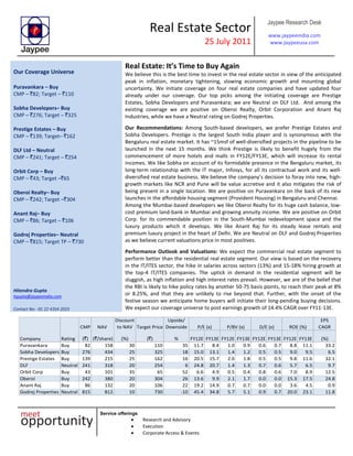 Real Estate Sector
25 July 2011
Jaypee Research Desk
www.jaypeeindia.com
www.jaypeeusa.com
Service offerings
Research and Advisory
Execution
Corporate Access & Events
Our Coverage Universe
Puravankara – Buy
CMP – `82; Target – `110
Sobha Developers– Buy
CMP – `276; Target – `325
Prestige Estates – Buy
CMP – `139; Target– `162
DLF Ltd – Neutral
CMP – `241; Target – `254
Orbit Corp – Buy
CMP – `43; Target –`65
Oberoi Realty– Buy
CMP – `242; Target –`304
Anant Raj– Buy
CMP – `86; Target – `106
Godrej Properties– Neutral
CMP – `815; Target TP – `730
Hitendra Gupta
hgupta@jaypeeindia.com
Contact No: -91 22 4354 2023
Real Estate: It’s Time to Buy Again
We believe this is the best time to invest in the real estate sector in view of the anticipated
peak in inflation, monetary tightening, slowing economic growth and mounting global
uncertainty. We initiate coverage on four real estate companies and have updated four
already under our coverage. Our top picks among the initiating coverage are Prestige
Estates, Sobha Developers and Puravankara; we are Neutral on DLF Ltd. And among the
existing coverage we are positive on Oberoi Realty, Orbit Corporation and Anant Raj
Industries, while we have a Neutral rating on Godrej Properties.
Our Recommendations: Among South-based developers, we prefer Prestige Estates and
Sobha Developers. Prestige is the largest South India player and is synonymous with the
Bengaluru real estate market. It has ~15msf of well-diversified projects in the pipeline to be
launched in the next 15 months. We think Prestige is likely to benefit hugely from the
commencement of more hotels and malls in FY12E/FY13E, which will increase its rental
incomes. We like Sobha on account of its formidable presence in the Bengaluru market, its
long-term relationship with the IT major, Infosys, for all its contractual work and its well-
diversified real estate business. We believe the company’s decision to foray into new, high-
growth markets like NCR and Pune will be value accretive and it also mitigates the risk of
being present in a single location. We are positive on Puravankara on the back of its new
launches in the affordable housing segment (Provident Housing) in Bengaluru and Chennai.
Among the Mumbai-based developers we like Oberoi Realty for its huge cash balance, low-
cost premium land-bank in Mumbai and growing annuity income. We are positive on Orbit
Corp. for its commendable position in the South-Mumbai redevelopment space and the
luxury products which it develops. We like Anant Raj for its steady lease rentals and
premium luxury project in the heart of Delhi. We are Neutral on DLF and Godrej Properties
as we believe current valuations price in most positives.
Performance Outlook and Valuations: We expect the commercial real estate segment to
perform better than the residential real estate segment. Our view is based on the recovery
in the IT/ITES sector, the hike in salaries across sectors (13%) and 15-18% hiring growth at
the top-4 IT/ITES companies. The uptick in demand in the residential segment will be
sluggish, as high inflation and high interest rates prevail. However, we are of the belief that
the RBI is likely to hike policy rates by another 50-75 basis points, to reach their peak at 8%
or 8.25%, and that they are unlikely to rise beyond that. Further, with the onset of the
festive season we anticipate home buyers will initiate their long-pending buying decisions.
We expect our coverage universe to post earnings growth of 14.4% CAGR over FY11-13E.
CMP NAV
Discount
to NAV Target Price
Upside/
Downside
EPS
CAGR
(`) (`/share) (%) (`) % FY12E FY13E FY12E FY13E FY12E FY13E FY12E FY13E (%)
Puravankara Buy 82 158 30 110 35 11.7 8.4 1.0 0.9 0.6 0.7 8.8 11.1 33.2
Sobha Developers Buy 276 434 25 325 18 15.0 13.1 1.4 1.2 0.5 0.5 9.0 9.5 6.5
Prestige Estates Buy 139 215 25 162 16 20.5 15.7 2.0 1.8 0.5 0.5 9.8 11.6 32.1
DLF Neutral 241 318 20 254 6 24.8 20.7 1.4 1.3 0.7 0.6 5.7 6.5 9.7
Orbit Corp Buy 43 101 35 65 52 6.6 4.9 0.5 0.4 0.8 0.6 7.0 8.9 12.5
Oberoi Buy 242 380 20 304 26 13.6 9.9 2.1 1.7 0.0 0.0 15.3 17.5 24.8
Anant Raj Buy 86 132 20 106 22 19.2 14.9 0.7 0.7 0.0 0.0 3.6 4.5 0.9
Godrej Properties Neutral 815 812 10 730 -10 45.4 34.8 5.7 5.1 0.9 0.7 20.0 23.1 11.8
D/E (x) ROE (%)P/BV (x)P/E (x)
Company Rating
 