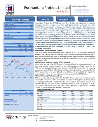 Puravankara Projects Limited
25 July 2011
Jaypee Research Desk
www.jaypeeindia.com
www.jaypeeusa.com
Service offerings
Research and Advisory
Execution
Corporate Access & Events
As on July 22,2011
Market Cap (`mn) 17,516
52 Week High/Low (`) 145/81
Book Value (FY12E) 80
Face Value (`) 5
Codes
BSE Code 532891
NSE Code PURVA
Bloomberg Code PVKP IN
Reuters Code PPRO.BO
Shareholding Pattern (%)
Jun’11 Mar’11 Dec’10
Promoters 89.9 89.9 89.9
FII 6.9 6.9 6.7
DII 1.7 1.7 1.8
Others 1.4 1.4 1.6
Share Price Performance
70
80
90
100
110
120
Jul-10 Oct-10 Jan-11 Apr-11 Jul-11
PVPK Sensex
Puravankara Projects Ltd (PVKP) has over three decades of experience in property
development and has emerged as one of the leading players in the South India real estate
market. The company caters to the premium housing segment under the brand, Purva,
and has recently entered the affordable housing space under the brand “Provident”. We
like the company based on the following parameters: a) a largely paid, low-cost land bank
requiring less time and risk to execute the projects; b) a well-integrated and diversified
real estate model, developing premium as well as low-cost, affordable houses; c) it also
follows a joint development (JDA) business model, which ensures less initial cash outflow
for land acquisitions, leading to higher return ratios; d) better financial disclosures; e) the
company is all geared up to launch 14.5msf in FY12 in its primary market of Bengaluru and
Chennai, which will boost revenues (29% CAGR) and net profits (33% CAGR) during FY11-
13E. We initiate coverage on PVKP with a Buy recommendation and a target price of `110.
At the current prices, the stock is trading at 11.7x and 8.4x its FY12E EPS of `7.0 and FY13E
EPS of `9.8, respectively
New Launches Set To Drive Sales Growth
PVKP is all geared up to aggressively launch 14.5msf in FY12 in its primary market of
Bengaluru and Chennai. It will be launching 8.5msf in its mid-to-premium residential space,
while 6msf will be launched under its affordable housing brand, Provident. Based on these
launches, we estimate revenues will grow by 28.8% annually, from `6.09bn in FY11 to
`10.11bn in FY13E.
Well Positioned to Benefit from the IT/ITES Recovery
After a lull of two years, the IT/ITES sector in the current fiscal has announced robust hiring
plans along with the increase in salaries for the existing employees. This is a good sign for
PVKP as the majority of its land bank is located in the IT/ITES-centric cities. The company
has vast land bank of 75msf (67% of total saleable area) in Bengaluru, a major hub for the
IT/ITES sector, followed by Kochi (10%), Chennai (13%) and Hyderabad (4%). We expect the
company’s sales volume to increase because of the recovery in the IT/ITES sector.
Affordable Housing: The Key Value Driver
PVKP has successfully forayed into the affordable housing segment and, to date, the
company has announced a total development of ~12msf in this segment. Currently, it has
two ongoing projects with a total developable area of 5.69msf. We estimate revenue from
affordable housing will grow from `2.31bn to `3.36bn over FY11-13E, growing at 20.7%
CAGR. While sales volume during the same period is expected to grow from 1.21msf to
1.65msf, an annual growth rate of 16.8% is anticipated.
Share Price Returns (%)
1M 6M 12M
Absolute -5 -22 -29
Relative -11 -21 -33
Hitendra Gupta
hgupta@jaypeeindia.com
Contact No: -91 22 4354 2023
Finanical Summary (` Mn.)
Year Ended FY10 FY11 FY12E FY13E
Net Sales 4,829 4,829 6,089 7,692
EBITDA 1,639 1,639 1,524 2,099
EBITDA Margin (%) 33.3 23.8 26.2 27.1
Net Profit 1,453 1,453 1,179 1,497
PAT Margin (%) 29.4 18.1 18.3 19.5
EPS 3.4 5.5 7.0 9.8
PER (x) 24.1 14.8 11.7 8.4
PBV (x) 1.2 1.1 1.0 0.9
ROE (%) 9.8 7.5 8.8 11.1
Initiating Coverage CMP: `82 TARGET: `110 BUY
 