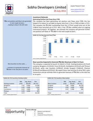 Sobha Developers Limited
25 July 2011
Jaypee Research Desk
www.jaypeeindia.com
www.jaypeeusa.com
Service offerings
Research and Advisory
Execution
Corporate Access & Events
Investment Rationale
~`6bn net positive cash flow to be generated
in next couple of years…
…leading to drop in the D/E ratio
Generating Positive Cash Flows Since FY09
The company has been generating net positive cash flows since FY09, this has
helped it to reduce its net debt-to-equity ratio from 1.73x in FY09 to 0.64x in FY11.
The company has `8.14bn outstanding from the 2.77msf unsold area out of the
5.98msf area launched up to FY11. Also, it has ~`5.6bn unbilled value on ongoing
contractual projects. All together, we estimate the company will generate further
net positive cash flows of ~`6.08bn in the next couple of years.
Exhibit 132: Net Operating Cash Flows (` Mn)
-10,565
1,963
3,278
4,144
2,517
1,595
-12,000
-10,000
-8,000
-6,000
-4,000
-2,000
0
2,000
4,000
6,000
FY08 FY09 FY10 FY11 FY12E FY13E
Source: Company, Jaypee Research
New launches to drive sales …..
…. estimate it to generate revenues of
`66.6bn in the next five to six years.
New Launches Expected to Generate `66.6bn Revenues in Next 5-6 Years
The company is expected to launch 11.16msf in FY12E. Existing locations (4.17msf)
comprise Bengaluru (3.22msf), Pune (0.35msf), Coimbatore (0.25msf) and Thrissur
(0.25msf), while new locations (6.99msf) include Gurgaon (5.84msf), Chennai
(0.93msf) and Mysore (0.22msf). We expect these new launches to drive SDL’s sales
momentum and we estimate them to generate revenues of `66.6bn in the next five
to six years.
Exhibit 133: FY12 Launches at Existing Location
Exisitng Location
SBA
(msf)
Avg. Realz.
(Rs/sft)
Rev.
(Rs mn)
Bangalore 3.32 4,000 13,280
Pune 0.35 3,500 1,225
Coimbatore 0.25 3,000 750
Thrissur 0.25 3,500 875
Total 4.17 16,130
Source – Company, Jaypee Research
Exhibit 134: FY12 Launches at New Location
New Location
SBA
(msf)
Avg. Realz.
(Rs/sft)
Rev.
(Rs mn)
Gurgaon 5.84 8,000 46,720
Chennai 0.93 3,500 3,255
Mysore 0.22 2,300 506
Total 6.99 50,481
Source – Company, Jaypee Research
 