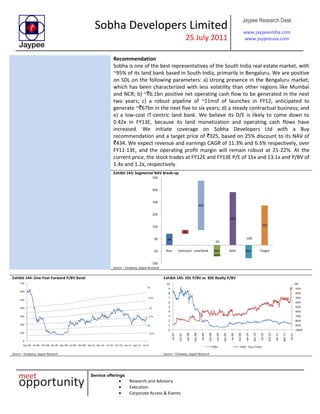 Sobha Developers Limited
25 July 2011
Jaypee Research Desk
www.jaypeeindia.com
www.jaypeeusa.com
Service offerings
Research and Advisory
Execution
Corporate Access & Events
Recommendation
Sobha is one of the best representatives of the South India real estate market, with
~95% of its land bank based in South India, primarily in Bengaluru. We are positive
on SDL on the following parameters: a) strong presence in the Bengaluru market,
which has been characterized with less volatility than other regions like Mumbai
and NCR; b) ~`6.1bn positive net operating cash flow to be generated in the next
two years; c) a robust pipeline of ~11msf of launches in FY12, anticipated to
generate ~`67bn in the next five to six years; d) a steady contractual business; and
e) a low-cost IT-centric land bank. We believe its D/E is likely to come down to
0.42x in FY13E, because its land monetization and operating cash flows have
increased. We initiate coverage on Sobha Developers Ltd with a Buy
recommendation and a target price of `325, based on 25% discount to its NAV of
`434. We expect revenue and earnings CAGR of 11.3% and 6.5% respectively, over
FY11-13E, and the operating profit margin will remain robust at 21-22%. At the
current price, the stock trades at FY12E and FY13E P/E of 15x and 13.1x and P/BV of
1.4x and 1.2x, respectively.
Exhibit 143: Segmental NAV Break-up
94
30
402
-93
434
-109
325
-150
-50
50
150
250
350
450
550
Resi Contracts LandBank Net
Debt
NAV Disc. Target
Source – Company, Jaypee Research
Exhibit 144: One-Year Forward P/BV Band
0
100
200
300
400
500
600
700
Apr-08 Jul-08 Oct-08 Jan-09 Apr-09 Jul-09 Oct-09 Jan-10 Apr-10 Jul-10 Oct-10 Jan-11 Apr-11 Jul-11
0.5x
1x
1.5x
2x
2.5x
3x
Source – Company, Jaypee Research
Exhibit 145: SDL P/BV vs BSE Realty P/BV
-100%
-90%
-80%
-70%
-60%
-50%
-40%
-30%
-20%
-10%
0%
0
1
2
3
4
5
6
7
8
9
10
Jul-07
Oct-07
Jan-08
Apr-08
Jul-08
Oct-08
Jan-09
Apr-09
Jul-09
Oct-09
Jan-10
Apr-10
Jul-10
Oct-10
Jan-11
Apr-11
Jul-11
P/BV P/BV - Disc/ Prem
Source – Company, Jaypee Research
 