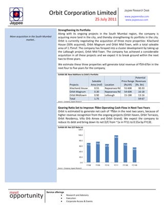 Orbit Corporation Limited
25 July 2011
Jaypee Research Desk
www.jaypeeindia.com
www.jaypeeusa.com
Service offerings
Research and Advisory
Execution
Corporate Access & Events
More acquisition in the South Mumbai
market..
Strengthening its Portfolio
Along with its ongoing projects in the South Mumbai region, the company is
acquiring more land in the city, and thereby strengthening its portfolio in the city.
Orbit is currently negotiating the acquisition of three more properties: Kilachand
House (50% acquired), Orbit Magnum and Orbit Mid-Town, with a total saleable
area of 1.75msf. The company has forayed into a cluster development by taking up
the Lalbaugh project, Orbit Mid-Town. The company has achieved a considerable
acquisition in all these projects and we expect it to break ground within the next
two to three years.
We estimate these three properties will generate total revenue of `59-67bn in the
next four to five years for the company.
Exhibit 68: New Additions to Orbit’s Portfolio
Projects
Saleable
Area (msf) Location
Price Range
(Rs/sft)
Potential
Revenues
(Rs. Bn)
Kilachand House 0.55 Napeansea Rd 55-60K 30-33
Orbit Magnum 0.30 Napeansea Rd 54-60K 16-18
Orbit Midtowm 0.90 Lalbaugh 15-18K 13-16
Total 1.75 59-67
Source – Company, Jaypee Research
Gearing Ratio Set to Improve: `6bn Operating Cash-Flow in Next Two Years
Orbit is estimated to generate net cash of ~`6bn in the next two years, because of
higher revenue recognition from the ongoing projects (Orbit Haven, Orbit Terraces,
Orbit Residency, Villa Orb Annex and Orbit Grand). We expect the company to
reduce its debt and bring down its net D/E from ~1x in FY11 to 0.55x by FY13E.
Exhibit 69: Net D/E Ratio (x)
71.3
75.8
67.2
99.4
70.9
54.9
0.0
20.0
40.0
60.0
80.0
100.0
120.0
FY08 FY09 FY10 FY11 FY12E FY13E
Source – Company, Jaypee Research
 