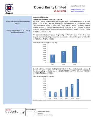 Oberoi Realty Limited
25 July 2011
Jaypee Research Desk
www.jaypeeindia.com
www.jaypeeusa.com
Service offerings
Research and Advisory
Execution
Corporate Access & Events
Investment Rationale
~6.7msf to be launched during next two
years…..
….leading to a growth of 43.7% CAGR of
residential revenues
Large Projects Due for Launch in FY12-13E
We expect Oberoi to launch four new projects, with a total saleable area of ~6.7msf
during FY11-13E. FY12 will see launches of Oberoi Exquisite III, Goregaon (~2msf);
Oasis Residential, Worli (1.5msf) and Oberoi Exotica Phase I (1.6msf). Oberoi
Exotica Phase II (1.6msf) is expected to be launched in FY13. Driven by these
launches, we expect new sales volumes to increase from 0.7msf in FY11 to 1.82msf
in FY13E, a CAGR of 61.4%.
We expect residential revenues to grow by 43.7% CAGR over FY11-13E as new
projects start contributing. Residential revenues are estimated to grow to `16.24bn
in FY13E from `7.87bn in FY11.
Exhibit 83: Oberoi Residential Revenues (` Mn)
7,868
11,148
16,237
0
2,000
4,000
6,000
8,000
10,000
12,000
14,000
16,000
18,000
FY11 FY12E FY13E
Overall, with new projects starting to contribute in the next two years, we expect
the company to grow its top line by a CAGR of 33.8% over FY11-13E from `10.59bn
in FY11 to `18.95bn in FY13E.
Exhibit 84: Oberoi Total Revenues (` Mn)
5,586
4,550
7,898
10,588
13,509
18,954
0
2,000
4,000
6,000
8,000
10,000
12,000
14,000
16,000
18,000
20,000
FY08 FY09 FY10 FY11 FY12E FY13E
Source: Company, Jaypee Research
 