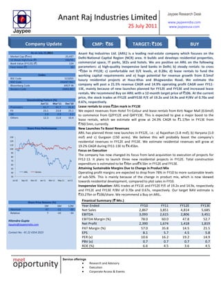 Anant Raj Industries Limited
25 July 2011
Jaypee Research Desk
www.jaypeeindia.com
www.jaypeeusa.com
Service offerings
Research and Advisory
Execution
Corporate Access & Events
As on July 22,2011
Market Cap (`mn) 25,437
52 Week High/Low (`) 160/55
Book Value (FY12E) (`) 124
Face Value (`) 10
Codes
BSE Code 515055
NSE Code ANANT RAJ
Bloomberg Code ARCP IN
Reuters Code ANRA.BO
Shareholding Pattern (%)
Jun’11 Mar’11 Dec’10
Promoters 61.7 61.7 61.4
FII 23.1 23.8 25.1
DII 2.9 2.9 3.2
Others 12.3 11.6 10.4
Share Price Performance
30
40
50
60
70
80
90
100
110
120
130
Jul-10 Sep-10 Nov-10 Jan-11 Mar-11 May-11 Jul-11
ARIL Sensex
Anant Raj Industries Ltd. (ARIL) is a leading real-estate company which focuses on the
Delhi-National Capital Region (NCR) area. It builds and develops residential properties,
commercial space, IT parks, SEZs and hotels. We are positive on ARIL on the following
parameters: a) high-quality inexpensive land banks in Delhi; b) steady rentals: to cross
~`1bn in FY13E; c) comfortable net D/E levels, at 0.28x; d) lease rentals to fund the
working capital requirements and e) huge potential for revenue growth from 0.5msf
luxury residential projects at Hauz-Khas and Bhagwandas Road. We estimate the
company will post a 21.5% revenue CAGR and 14.9% operating profit CAGR over FY11-
13E, mainly because of new launches planned for FY12E and FY13E and increased lease
rentals. We recommend Buy on ARIL with a 12-month target price of `106. At the current
price, the stock trades at FY12E andFY13E P/E of 19.2x and 14.9x and P/BV of 0.70x and
0.67x, respectively.
Lease rentals to cross `1bn mark in FY13E
We expect revenues from Hotel Tri-Colour and lease rentals from Kirti Nagar Mall (0.6msf)
to commence from Q2FY12E and Q4FY13E. This is expected to give a major boost to the
lease rentals, which we estimate will grow at 24.3% CAGR to `1.17bn in FY13E from
`760.5mn, currently.
New Launches To Boost Revenues
ARIL has planned three new launches in FY12E, i.e.: a) Rajasthan (1.8 msf); b) Haryana (1.0
msf) and c) Gurgaon (150 acres). We believe this will probably boost the company’s
residential revenues in FY12E and FY13E. We estimate residential revenues will grow at
19.2% CAGR during FY11-13E to `4.45bn.
Focus on Execution
The company has now changed its focus from land acquisition to execution of projects for
FY12-13. It plans to launch three new residential projects in FY12E. Total construction
expenditure is estimated to be `4bn and`4.5bn in FY12E and FY13E.
Attaining Sustainable Margins Due to Change in Product Mix
Operating profit margins are expected to drop from 78% in FY10 to more sustainable levels
of sub-50%. This is mainly because of the change in product mix, which is now skewed
towards residential development, compared to plot sales in FY10.
Inexpensive Valuation: ARIL trades at FY11E and FY12E P/E of 19.2x and 14.9x, respectively
and FY12E and FY13E P/BV of 0.70x and 0.67x, respectively. Our target NAV estimate is
`33.27bn or `106/share. We recommend a Buy on ARIL.
Share Price Returns (%)
1M 6M 12M
Absolute 47 -11 -30
Relative 7 -10 -34
Hitendra Gupta
hgupta@jaypeeindia.com
Contact No: -91 22 4354 2023
Finanical Summary (` Mn.)
Year Ended FY10 FY11 FY12E FY13E
Net Sales 2,867 3,851 4,814 5,685
EBITDA 3,093 2,615 2,806 3,451
EBITDA Margin (%) 78.0 60.0 47.8 52.7
Net Profit 2,390 1,674 1,418 1,819
PAT Margin (%) 57.0 35.8 14.5 21.5
EPS 8.1 5.7 4.5 5.8
PER (x) 10.6 16.2 19.2 14.9
PBV (x) 0.7 0.7 0.7 0.7
ROE (%) 6.6 4.5 3.6 4.5
Company Update CMP: `86 TARGET: `106 BUY
 