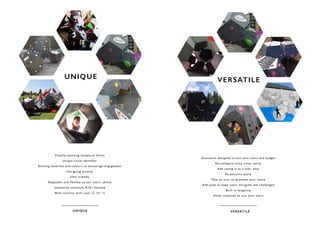 Visually stunning sculptural forms
Unique visual identifier
Enticing materials and colours to encourage engagement
Intriguing activity
User friendly
Adaptable and flexible to suit users’ ability
Innovative solutions, R.O.I focused
Multi activity, multi user (2 for 1)
UNIQUE
UNIQUE
Structures designed to suit your users and budget
Re-configure many times, easily
Add caving in at a later date
Re-position easily
Take on tour to promote your venue
Add pods to keep users intrigued and challenged
Built in longevity
Holds coloured to suit your users
VERSATILE
VERSATILE
 