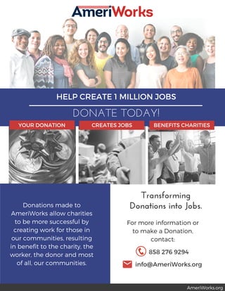 Donations made to
AmeriWorks allow charities
to be more successful by
creating work for those in
our communities, resulting
in benefit to the charity, the
worker, the donor and most
of all, our communities.
YOUR DONATION CREATES JOBS BENEFITS CHARITIES
AmeriWorks.org
Transforming
Donations into Jobs.
858 276 9294
info@AmeriWorks.org
For more information or
to make a Donation,
contact:
HELP CREATE 1 MILLION JOBS
DONATE TODAY!
 