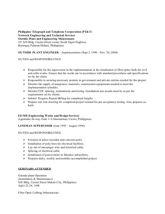 also prepares as built 4 philippine telegraph and telephone corporation ptt network engineering and technical services outside plant - Outside Plant Engineer Sample Resume also prepares as built 4 philippine telegraph and telephone corporation ptt network engineering and technical services outside plant - Outside Plant Engineer Sample Resume