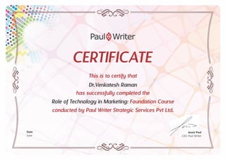 Paul Writer Marketing certificate- June'16
