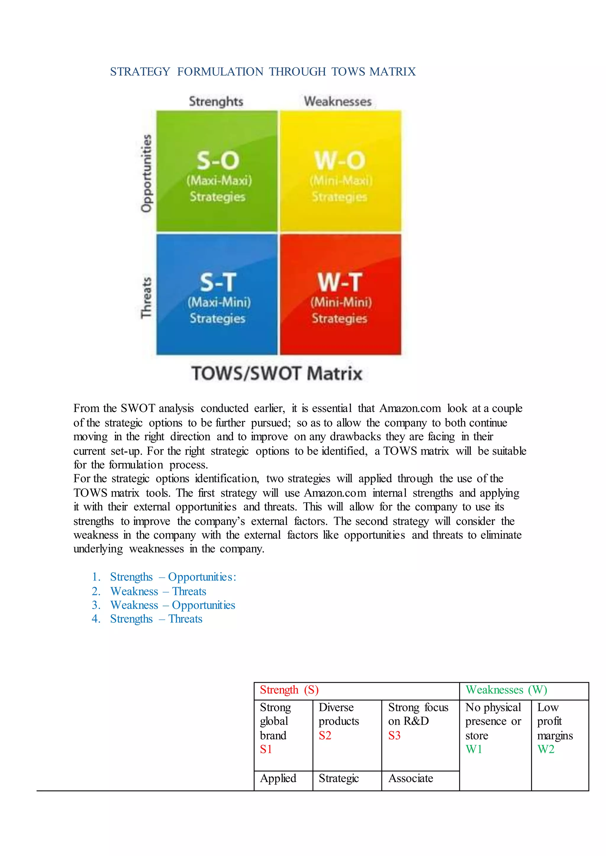 STRATEGY FORMULATION THROUGH TOWS MATRIX
From the SWOT analysis conducted earlier, it is essential that Amazon.com look at a couple
of the strategic options to be further pursued; so as to allow the company to both continue
moving in the right direction and to improve on any drawbacks they are facing in their
current set-up. For the right strategic options to be identified, a TOWS matrix will be suitable
for the formulation process.
For the strategic options identification, two strategies will applied through the use of the
TOWS matrix tools. The first strategy will use Amazon.com internal strengths and applying
it with their external opportunities and threats. This will allow for the company to use its
strengths to improve the company’s external factors. The second strategy will consider the
weakness in the company with the external factors like opportunities and threats to eliminate
underlying weaknesses in the company.
1. Strengths – Opportunities:
2. Weakness – Threats
3. Weakness – Opportunities
4. Strengths – Threats
Strength (S) Weaknesses (W)
Strong
global
brand
S1
Diverse
products
S2
Strong focus
on R&D
S3
No physical
presence or
store
W1
Low
profit
margins
W2
Applied Strategic Associate
 