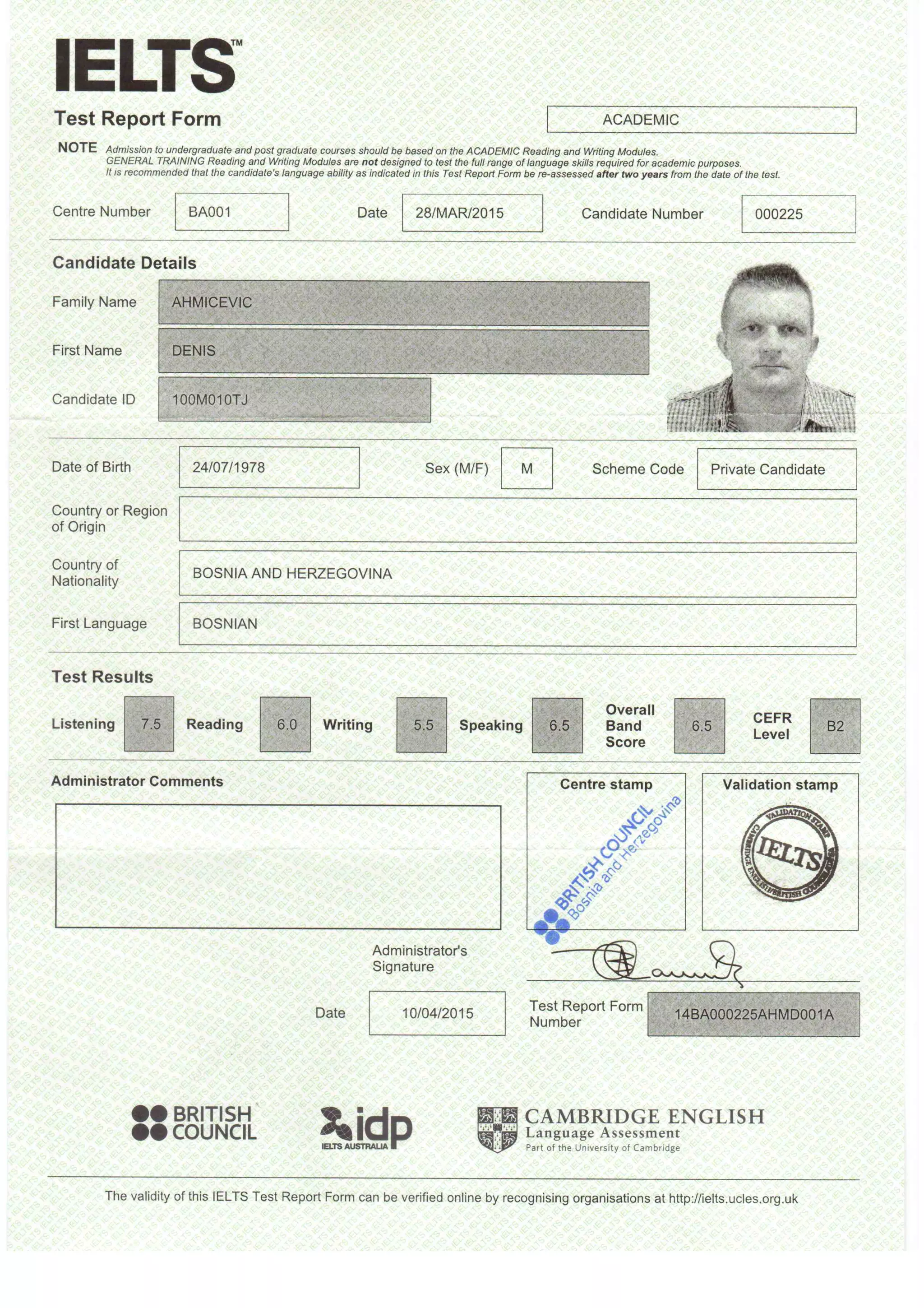 IELTS Test Report Form