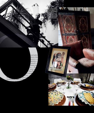 3 2 6 А П Р Е Л Ь 2 0 1 0 I N S T Y L E
Отметив в прошлом году десятилетие своей работы на посту
арт-директора Givenchy по макияжу, Николя Деженн сделал
то, что делает всегда, когда хочет отдохнуть и собраться с
мыслями, — уехал на пару дней в Марракеш, в свой риад,
традиционный марокканский дом с верандой и внутренним
садом. «Мой юбилей в Givenchy стал поводом вспомнить, как
все начиналось, — рассказывает Николя. — Я начал самосто-
ятельную жизнь в шестнадцать лет, когда уехал из провин-
циального французского городка в Нью-Йорк. Там я учился
актерскому мастерству, музыке, фотографии и рисунку, пока не
познакомился с одним визажистом — и наконец не понял, чем
хочу заниматься». Вернувшись во Францию, Николя работал в
косметической марке On Stage, на телеканале Canal+, а затем
стал главным визажистом «Сезара» и Каннского кинофестива-
ля. Актрисы его просто обожают — и нежно называют Нико.
«Фанни Ардан всегда обращается ко мне, когда ей предлагают
сняться для какого-нибудь журнала. Я дружу с Кристин Скотт-
Томас и Шарлоттой Ремплинг, мечтаю накрасить Уму Турман
и поработать с Тимом Бертоном, — говорит Николя. — А моя
любимая модель — Лив Тайлер (лицо Givenchy. —Прим. InStyle).
Она бесподобна!» Для Givenchy Деженн создает по четыре
коллекции макияжа в год («Я уже сейчас должен придумать,
как женщины будут краситься в 2015 году!» — смеется он),
работает на модных показах и съемочных площадках (макияж
Моники Беллуччи в фильме «Доберман» — его работа), много
путешествует и потихоньку обставляет риад.
«Дом я обустраивал
не для работы, это
мое по-настоящему
тайное место, — от-
кровенничает Нико-
ля. — Я даже гостей
сюда приглашаю
очень редко».
На обеденном сто-
ле — традицион-
ные марокканские
тарелки с яркими
узорами.
Принт с иллюстрацией
из редкой книги укра-
шает столик в гостиной.
 