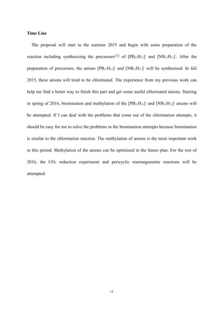 14
Time Line
The proposal will start in the summer 2015 and begin with some preparation of the
reaction including synthesizing the precursors[22]
of [PB11H11]-
and [NB11H11]-
. After the
preparation of precursors, the anions [PB11H11]-
and [NB11H11]-
will be synthesized. In fall
2015, these anions will tried to be chlorinated. The experience from my previous work can
help me find a better way to finish this part and get some useful chlorinated anions. Starting
in spring of 2016, bromination and methylation of the [PB11H11]-
and [NB11H11]-
anions will
be attempted. If I can deal with the problems that come out of the chlorination attempts, it
should be easy for me to solve the problems in the bromination attempts because bromination
is similar to the chlorination reaction. The methylation of anions is the most important work
in this period. Methylation of the anions can be optimized in the future plan. For the rest of
2016, the CO2 reduction experiment and pericyclic rearrangements reactions will be
attempted.
 