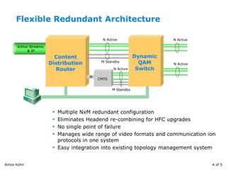 Active Streams 
& IP 
Content Distribution Router 
IP 
CMTS 
Flexible Redundant Architecture 
N Active 
M Standby 
Dynamic QAM Switch 
N Active 
N Active 
N Active 
M Standby 
•Multiple NxMredundant configuration 
•Eliminates Headendre-combining for HFC upgrades 
•No single point of failure 
•Manages wide range of video formats and communication ion protocols in one system 
•Easy integration into existing topology management system 
... 
... 
... 
... 
4 of 5 
Amos Kohn  