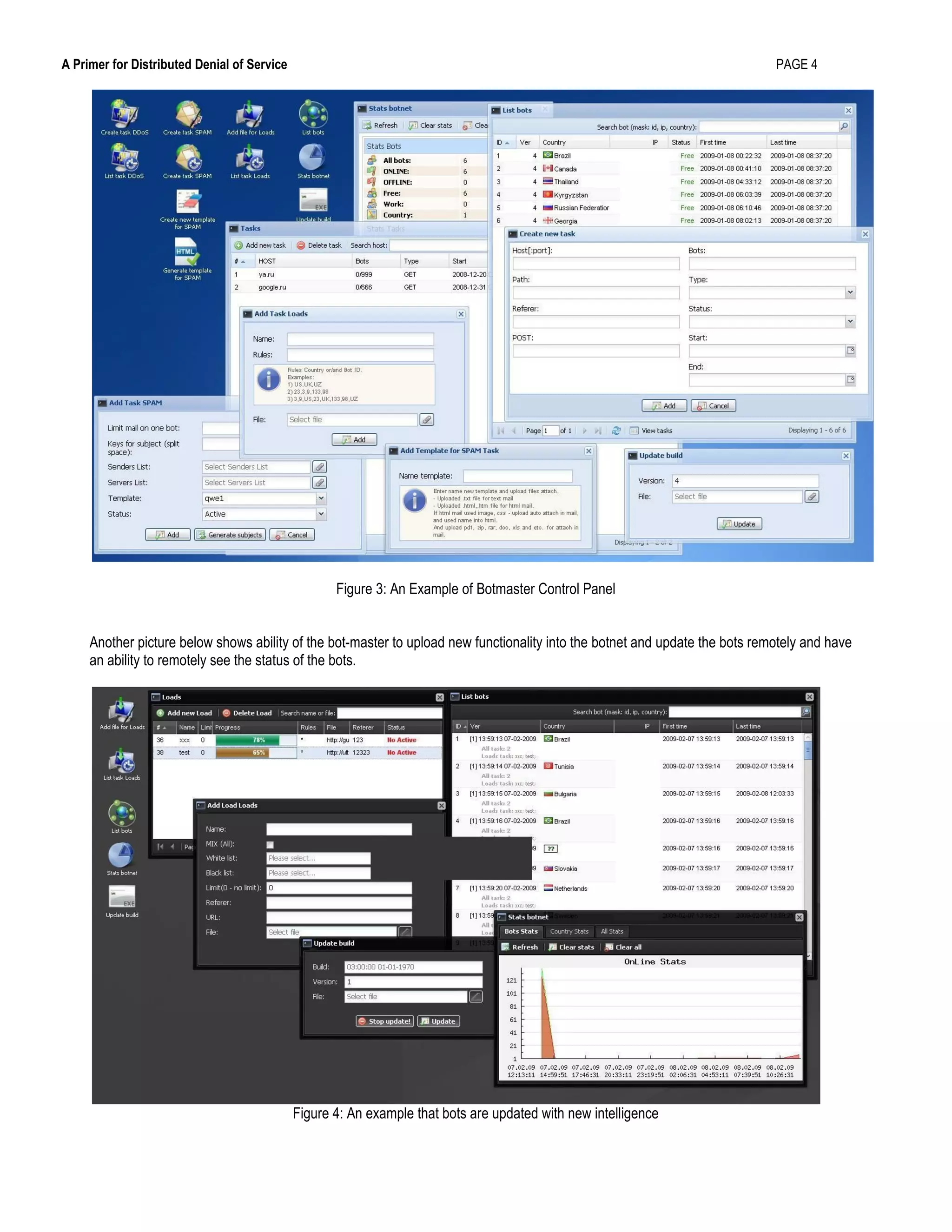 A Primer for Distributed Denial of Service PAGE 4
Figure 3: An Example of Botmaster Control Panel
Another picture below shows ability of the bot-master to upload new functionality into the botnet and update the bots remotely and have
an ability to remotely see the status of the bots.
Figure 4: An example that bots are updated with new intelligence
 
