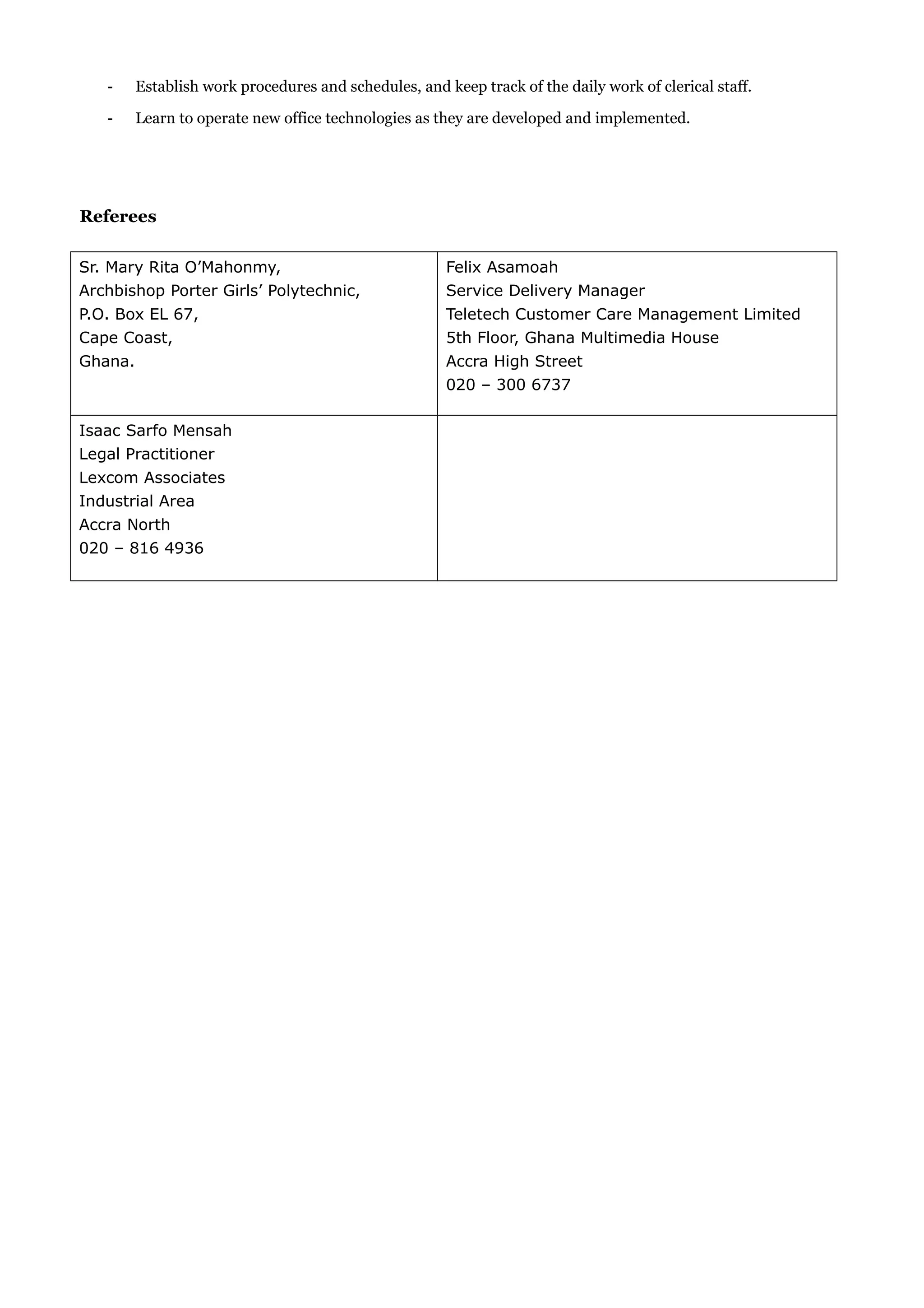 - Establish work procedures and schedules, and keep track of the daily work of clerical staff.
- Learn to operate new office technologies as they are developed and implemented.
Referees
Sr. Mary Rita O’Mahonmy,
Archbishop Porter Girls’ Polytechnic,
P.O. Box EL 67,
Cape Coast,
Ghana.
Felix Asamoah
Service Delivery Manager
Teletech Customer Care Management Limited
5th Floor, Ghana Multimedia House
Accra High Street
020 – 300 6737
Isaac Sarfo Mensah
Legal Practitioner
Lexcom Associates
Industrial Area
Accra North
020 – 816 4936
 