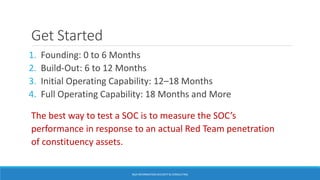 Get Started
1. Founding: 0 to 6 Months
2. Build-Out: 6 to 12 Months
3. Initial Operating Capability: 12–18 Months
4. Full Operating Capability: 18 Months and More
The best way to test a SOC is to measure the SOC’s
performance in response to an actual Red Team penetration
of constituency assets.
BGA INFORMATION SECURITY & CONSULTING
 