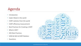 Agenda
• Introduction
• Cyber Attack in the world
• CSIRT statistics from the world
• CSIRT efficiency measurement
• Best Practices for Creating a CSIRT
• What is SOC?
• SOC Best Practices
• SIEM & SOC & CSIRT Relation
• Questions
BGA INFORMATION SECURITY & CONSULTING
 