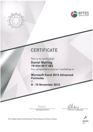 2013 Advanced Formulas Excel Certificate