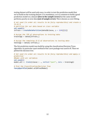12
testing dataset will be used only once, in order to test the prediction model that
we've build on the training dataset. It is mandatory, as it is common to build a good
prediction model on a dataset (low in the sample error) but the same model
performs poorly on new data (out of sample error). This is known as over-fitting.
# set seed (in order all results to be fully reproducible) and create a
75-25 %
# partition for our data based on class variable
set.seed(1)
inTrain = createDataPartition(data1$classe, p = 3/4)[[1]]
# Assign the 75% of observations to training data
training1 = data1[inTrain,]
# Assign the remaining 25 % of observations to testing data
testing1 = data1[-inTrain,]
The fist prediction model was build by using the classification/Decision Trees
algorithm. In particular rpart method of the caret package was used in R. Then we
plotted the decision tree.
# Set seed (in order all results to be fully reproducible) and apply a
prediction
#Model with all variables
set.seed(1)
model.all <- train(classe ~ ., method="rpart", data = training1)
# Plot the Classification/Decision Tree
fancyRpartPlot(model.all$finalModel)
 