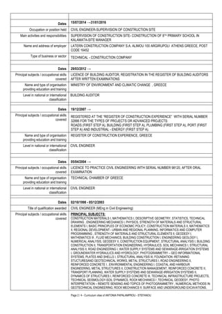 Page 2 / 4 - Curriculum vitae of ANTONIA PAPALAMPROU - STEFANOU
Dates 15/07/2014 →31/01/2016
Occupation or position held CIVIL ENGINEER-SUPERVISION OF CONSTRUCTION SITE
Main activities and responsibilities SUPERVISION OF CONSTRUCTION SITE- CONSTRUCTION OF 8TH PRIMARY SCHOOL IN
KALAMATA-SITE MANAGER
Name and address of employer LATERN CONSTRUCTION COMPANY S.A. ALIMOU 100 ARGIRUPOLI ATHENS GREECE, POST
CODE 16452
Type of business or sector TECHNICAL - CONSTRUCTION COMPANY
Dates 29/03/2012 →
Principal subjects / occupational skills
covered
LICENCE OF BUILDING AUDITOR, REGISTRATION IN THE REGISTER OF BUILDING AUDITORS
AFTER WRITTEN EXAMINATIONS
Name and type of organisation
providing education and training
MINISTRY OF ENVIRONMENT AND CLIMATIC CHANGE , GREECE
Level in national or international
classification
BUILDING AUDITOR
Dates 19/12/2007 →
Principal subjects / occupational skills
covered
REGISTERED AT THE “REGISTER OF CONSTRUCTION EXPERIENCE” WITH SERIAL NUMBER
32886 FOR THE TYPES OF PROJECTS OR ADVANCED PROJECTS:
ROADS (FIRST STEP A), BUILDING (FIRST STEP A), PLUMBING (FIRST STEP A), PORT (FIRST
STEP A) AND INDUSTRIAL - ENERGY (FIRST STEP A).
Name and type of organisation
providing education and training
REGISTER OF CONSTRUCTION EXPERIENCE, GREECE
Level in national or international
classification
CIVIL ENGINEER
Dates 05/04/2004 →
Principal subjects / occupational skills
covered
LICENCE TO PRACTICE CIVIL ENGINEERING WITH SERIAL NUMBER 98120, AFTER ORAL
EXAMINATION
Name and type of organisation
providing education and training
TECHNICAL CHAMBER OF GREECE
Level in national or international
classification
CIVIL ENGINEER
Dates 02/10/1998 - 05/12/2003
Title of qualification awarded CIVIL ENGINEER (MEng in Civil Engineering)
Principal subjects / occupational skills
covered
PRINCIPAL SUBJECTS:
CONSTRUCTION MATERIALS I, MATHEMATICS I, DESCRIPTIVE GEOMETRY, STATISTICS, TECHNICAL
DRAWING , ENGINEERING MECHANICS I, PHYSICS, STRENGTH OF MATERIALS AND STRUCTURAL
ELEMENTS I, BASIC PRINCIPLES OF ECONOMIC POLICY, CONSTRUCTION MATERIALS II, MATHEMATICS
II, REGIONAL DEVELOPMENT - URBAN AND REGIONAL PLANNING, INFORMATICS AND COMPUTER
PROGRAMMING , STRENGTH OF MATERIALS AND STRUCTURAL ELEMENTS II, GEODESY I,
MATHEMATICS III , FLUID MECHANICS, BUILDING CONSTRUCTION I, ENGINEERING GEOLOGY I,
NUMERICAL ANALYSIS, GEODESY II, CONSTRUCTION EQUIPMENT, STRUCTURAL ANALYSIS I, BUILDING
CONSTRUCTION II, TRANSPORTATION ENGINEERING, HYDRAULICS, SOIL MECHANICS I, STRUCTURAL
ANALYSIS II, ROAD ENGINEERING I, WATER SUPPLY SYSTEMS AND SEWARAGE-IRRIGATION SYSTEMS
I, GROUNDWATER HYDRAULICS AND HYDROLOGY, PHOTOGRAMMETRY – GEO INFORMATIONAL
SYSTEMS, PLATES AND SHELLS I, STRUCTURAL ANALYSIS III, FOUNDATION -RETAINING
STUCTURESAND GEOTECHNICAL WORKS, METAL STRUCTURES I, ROAD ENGINEERING II,
REINFORCED CONCRETE I , ENVIRONMENTAL ENGINEERING I, COASTAL AND HARBOUR
ENGINEERING, METAL STRUCTURES II, CONSTRUCTION MANAGEMENT, REINFORCED CONCRETE II,
TRANSPORT PLANNING, WATER SUPPLY SYSTEMS AND SEWARAGE-IRRIGATION SYSTEMS II,
DYNAMICS OF STRUCTURES I, REINFORCED CONCRETE III, TECHNICAL INFRASTRUCTURE PROJECTS,
TECHNICAL SEISMOLOGY-SOIL DYNAMICS, ROCK MECHANICS I ,TECHNICAL GEODESY, PHOTO
INTERPRETATION – REMOTE SENSING AND TOPICS OF PHOTOGRAMMETRY , NUMERICAL METHODS IN
GEOTECHNICAL ENGINEERING, ROCK MECHANICS II: SURFACE AND UNDERGROUND EXCAVATIONS,
 