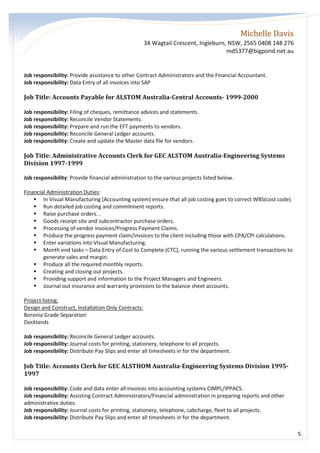 Michelle Davis
34 Wagtail Crescent, Ingleburn, NSW, 2565 0408 148 276
md5377@bigpond.net.au
5
Job responsibility: Provide assistance to other Contract Administrators and the Financial Accountant.
Job responsibility: Data Entry of all invoices into SAP
Job Title: Accounts Payable for ALSTOM Australia-Central Accounts- 1999-2000
Job responsibility: Filing of cheques, remittance advices and statements.
Job responsibility: Reconcile Vendor Statements.
Job responsibility: Prepare and run the EFT payments to vendors.
Job responsibility: Reconcile General Ledger accounts.
Job responsibility: Create and update the Master data file for vendors.
Job Title: Administrative Accounts Clerk for GEC ALSTOM Australia-Engineering Systems
Division 1997-1999
Job responsibility: Provide financial administration to the various projects listed below.
Financial Administration Duties:
In Visual Manufacturing (Accounting system) ensure that all job costing goes to correct WBS(cost code).
Run detailed job costing and commitment reports.
Raise purchase orders. .
Goods receipt site and subcontractor purchase orders.
Processing of vendor invoices/Progress Payment Claims.
Produce the progress payment claim/invoices to the client including those with CPA/CPI calculations.
Enter variations into Visual Manufacturing.
Month end tasks – Data Entry of Cost to Complete (CTC), running the various settlement transactions to
generate sales and margin.
Produce all the required monthly reports.
Creating and closing out projects.
Providing support and information to the Project Managers and Engineers.
Journal out insurance and warranty provisions to the balance sheet accounts.
Project listing:
Design and Construct, Installation Only Contracts:
Boronia Grade Separation
Docklands
Job responsibility: Reconcile General Ledger accounts.
Job responsibility: Journal costs for printing, stationery, telephone to all projects.
Job responsibility: Distribute Pay Slips and enter all timesheets in for the department.
Job Title: Accounts Clerk for GEC ALSTHOM Australia-Engineering Systems Division 1995-
1997
Job responsibility: Code and data enter all invoices into accounting systems CIMPL/IPPACS.
Job responsibility: Assisting Contract Administrators/Financial administration in preparing reports and other
administrative duties.
Job responsibility: Journal costs for printing, stationery, telephone, cabcharge, fleet to all projects.
Job responsibility: Distribute Pay Slips and enter all timesheets in for the department.
 