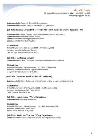 Michelle Davis
34 Wagtail Crescent, Ingleburn, NSW, 2565 0408 148 276
md5377@bigpond.net.au
6
Job responsibility: Reconcile General Ledger accounts
Job responsibility: Obtain copies of invoices for FBT submission.
Job Title: Trainee General Office for GEC ALSTHOM Australia-Central Accounts 1995
Job responsibility: Filing Cheques, remittance advices and vendor statements.
Job responsibility: Updating Banking details.
Job responsibility: Recording telephone accounts.
Job responsibility: Distribute Pay Slips.
Experience
Date of Employment : 12th January 1994 – 26th February 1995
Company name Kentucky Fried Chicken
166 The River Road, Revesby, NSW, 2212
Job Title: Customer Service
Job responsibility: Serve Customers, cleaning duties and Preparation of food.
Experience
Date of Employment : 24th September 1993 – 10th October 1993
Company name Maijorca Salon Supplies and Equipment
2 Jayelem Crescent, Padstow, NSW, 2211
Job Title: Customer Service (Work Experience)
Job responsibility: Serve Customers, pricing of stock, packing of orders and book keeping.
Experience
Date of Employment : 14th November 1992 – 21st November 1992
Company name Padstow Park Public School
Segers Avenue, Padstow, NSW, 2211
Job Title: Landscaper (Work Experience)
Job responsibility: General landscaping.
Experience
Date of Employment : 12th September 1992 – 19th September 1992
Company name Panania Public School
Lawler Street, Panania, NSW, 2213
Job Title: Assistant Teacher (Work Experience)
Job responsibility: Assist teacher with general teaching of class activities.
 