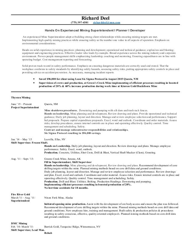 richard deel superintendent resume resume mining