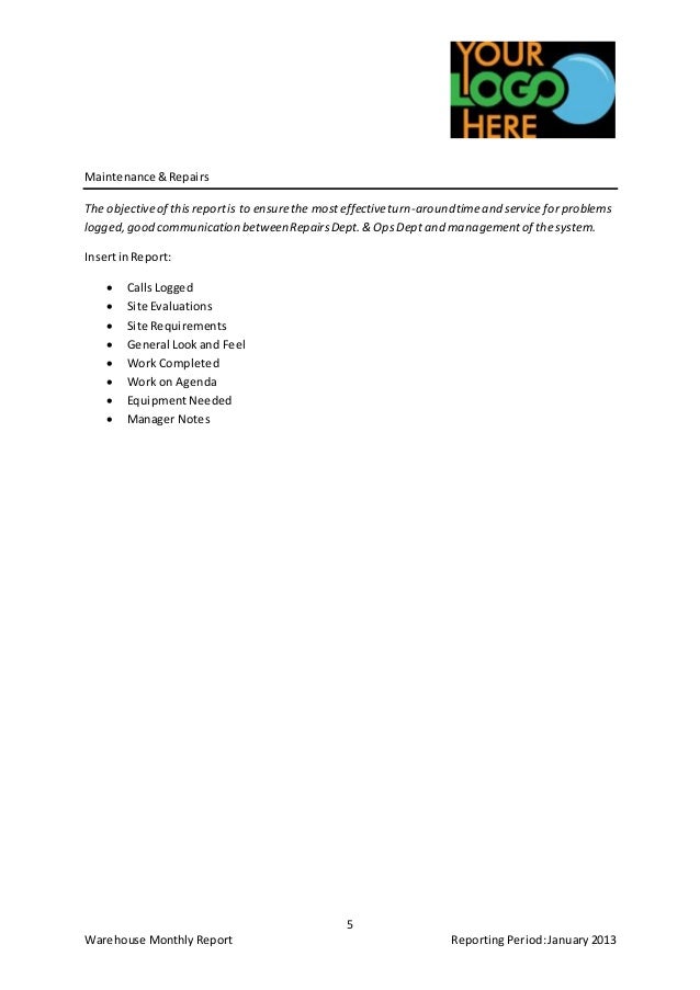 example warehouse monthly report template monthly department report template