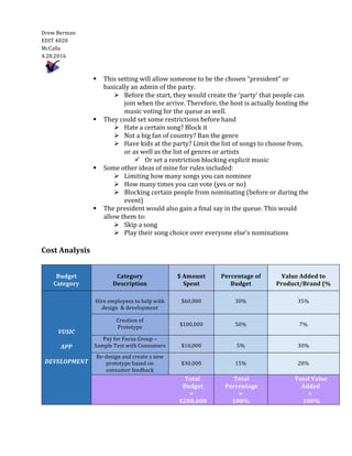  
Drew	
  Berman	
  	
  	
    
EDIT	
  4020  
McCalla  
4.28.2016  
	
  	
     
§   This	
  setting	
  will	
  allow	
  someone	
  to	
  be	
  the	
  chosen	
  “president”	
  or	
  
basically	
  an	
  admin	
  of	
  the	
  party.	
  	
  
Ø   Before	
  the	
  start,	
  they	
  would	
  create	
  the	
  ‘party’	
  that	
  people	
  can	
  
join	
  when	
  the	
  arrive.	
  Therefore,	
  the	
  host	
  is	
  actually	
  hosting	
  the	
  
music	
  voting	
  for	
  the	
  queue	
  as	
  well.	
  
§   They	
  could	
  set	
  some	
  restrictions	
  before	
  hand	
  
Ø   Hate	
  a	
  certain	
  song?	
  Block	
  it	
  
Ø   Not	
  a	
  big	
  fan	
  of	
  country?	
  Ban	
  the	
  genre	
  
Ø   Have	
  kids	
  at	
  the	
  party?	
  Limit	
  the	
  list	
  of	
  songs	
  to	
  choose	
  from,	
  
or	
  as	
  well	
  as	
  the	
  list	
  of	
  genres	
  or	
  artists	
  
ü   Or	
  set	
  a	
  restriction	
  blocking	
  explicit	
  music	
  
§   Some	
  other	
  ideas	
  of	
  mine	
  for	
  rules	
  included:	
  
Ø   Limiting	
  how	
  many	
  songs	
  you	
  can	
  nominee	
  
Ø   How	
  many	
  times	
  you	
  can	
  vote	
  (yes	
  or	
  no)	
  
Ø   Blocking	
  certain	
  people	
  from	
  nominating	
  (before	
  or	
  during	
  the	
  
event)	
  
§   The	
  president	
  would	
  also	
  gain	
  a	
  final	
  say	
  in	
  the	
  queue.	
  This	
  would	
  
allow	
  them	
  to:	
  
Ø   Skip	
  a	
  song	
  
Ø   Play	
  their	
  song	
  choice	
  over	
  everyone	
  else’s	
  nominations	
  
	
  
Cost	
  Analysis	
  
	
  
	
  
Budget	
  
Category	
  
	
  
Category	
  	
  
Description	
  
	
  
$	
  Amount	
  	
  
Spent	
  
	
  
Percentage	
  of	
  
Budget	
  
	
  
Value	
  Added	
  to	
  
Product/Brand	
  (%	
  
	
  
	
  
	
  
	
  
	
  
VUSIC	
  
	
  
APP	
  
	
  
DEVELOPMENT	
  
	
  
Hire	
  employees	
  to	
  help	
  with	
  
design	
  	
  &	
  development	
  
	
  
$60,000	
  
	
  
30%	
  
	
  
35%	
  
	
  
Creation	
  of	
  	
  
Prototype	
  
	
  
$100,000	
  
	
  
50%	
  
	
  
7%	
  
	
  	
  	
  	
  	
  	
  	
  Pay	
  for	
  Focus	
  Group	
  –	
  	
  
Sample	
  Test	
  with	
  Consumers	
  	
  
	
  
$10,000	
  
	
  
5%	
  
	
  
30%	
  
Re-­‐‑design	
  and	
  create	
  a	
  new	
  
prototype	
  based	
  on	
  
consumer	
  feedback	
  
	
  
$30,000	
  
	
  
15%	
  
	
  
28%	
  
	
  	
  	
  	
  	
  	
  	
  	
  	
  	
  	
  	
  	
  	
  	
  	
  	
  	
  	
  	
  	
  	
  	
  	
  	
  	
  	
  	
  	
  	
  	
  	
  	
  	
  	
  	
  	
  	
  	
  	
  	
  	
  	
  	
  	
  	
  	
  	
  	
  	
  	
  	
  	
  	
  	
  	
  	
  Total	
  	
  	
  	
  	
  	
  
	
  	
  	
  	
  	
  	
  	
  	
  	
  	
  	
  	
  	
  	
  	
  	
  	
  	
  	
  	
  	
  	
  	
  	
  	
  	
  	
  	
  	
  	
  	
  	
  	
  	
  	
  	
  	
  	
  	
  	
  	
  	
  	
  	
  	
  	
  	
  	
  	
  	
  	
  	
  	
  	
  	
  	
  	
  	
  Budget	
  
	
  	
  	
  	
  	
  	
  	
  	
  	
  	
  	
  	
  	
  	
  	
  	
  	
  	
  	
  	
  	
  	
  	
  	
  	
  	
  	
  	
  	
  	
  	
  	
  	
  	
  	
  	
  	
  	
  	
  	
  	
  	
  	
  	
  	
  	
  	
  	
  	
  	
  	
  	
  	
  	
  	
  	
  =	
  
	
  	
  	
  	
  	
  	
  	
  	
  	
  	
  	
  	
  	
  	
  	
  	
  	
  	
  	
  	
  	
  	
  	
  	
  	
  	
  	
  	
  	
  	
  	
  	
  	
  	
  	
  	
  	
  	
  	
  	
  	
  	
  	
  	
  	
  	
  	
  	
  	
  	
  	
  	
  	
  	
  	
  	
  	
  	
  $200,000	
  	
  	
  	
  	
  	
  	
  	
  	
  	
  	
  	
  	
  	
  
	
  	
  	
  	
  	
  	
  	
  	
  	
  	
  	
  	
  Total	
  
	
  Percentage	
  
=	
  
100%	
  
	
  	
  	
  	
  	
  	
  	
  	
  	
  	
  	
  	
  	
  	
  	
  	
  	
  Total	
  Value	
  	
  
	
  	
  	
  	
  	
  	
  	
  	
  	
  	
  	
  	
  	
  	
  	
  	
  	
  	
  	
  	
  	
  	
  Added	
  
	
  	
  	
  	
  	
  	
  	
  	
  	
  	
  	
  	
  	
  	
  	
  	
  	
  	
  	
  	
  	
  	
  	
  	
  	
  	
  	
  =	
  
	
  	
  	
  	
  	
  	
  	
  	
  	
  	
  	
  	
  	
  	
  	
  	
  	
  	
  	
  	
  	
  	
  	
  100%	
  
	
  
 