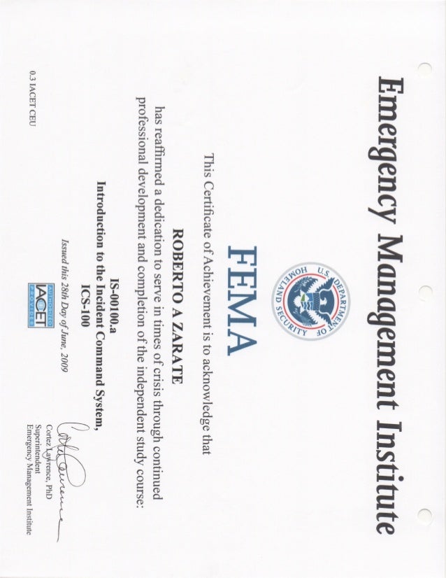 Fema ICS 100 Certificate