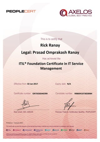 Rick Ranay
ITIL® Foundation Certificate in IT Service
Management
02 Jan 2017
GR750283465RR
Printed on 3 January 2017
N/A
9980041073828984
Legal: Prasad Omprakash Ranay
 