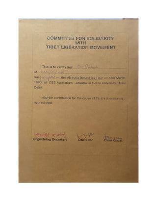 Certificate on All India Debate on Tibet Liberation 