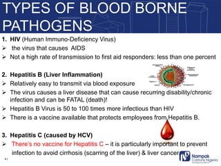 1. HIV (Human Immuno-Deficiency Virus)
 the virus that causes AIDS
 Not a high rate of transmission to first aid responders: less than one percent
2. Hepatitis B (Liver Inflammation)
 Relatively easy to transmit via blood exposure
 The virus causes a liver disease that can cause recurring disability/chronic
infection and can be FATAL (death)!
 Hepatitis B Virus is 50 to 100 times more infectious than HIV
 There is a vaccine available that protects employees from Hepatitis B.
3. Hepatitis C (caused by HCV)
 There’s no vaccine for Hepatitis C – it is particularly important to prevent
infection to avoid cirrhosis (scarring of the liver) & liver cancer.
TYPES OF BLOOD BORNE
PATHOGENS
4 |
 