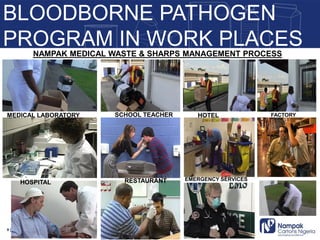 BLOODBORNE PATHOGEN
PROGRAM IN WORK PLACES
9 |
MEDICAL LABORATORY SCHOOL TEACHER
NAMPAK MEDICAL WASTE & SHARPS MANAGEMENT PROCESS
HOTEL FACTORY
RESTAURANTHOSPITAL
EMERGENCY SERVICES
 