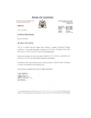 Bank of Uganda Recommendation letter