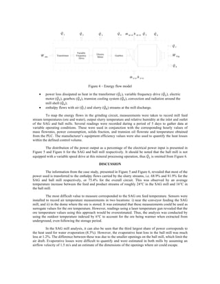 Figure 4 – Energy flow model
• power loss dissipated as heat in the transformer (𝑄!), variable frequency drive (𝑄!), electric
motor (𝑄!), gearbox (𝑄!), trunnion cooling system (𝑄!), convection and radiation around the
mill shell (𝑄!);
• enthalpy flows with air (𝑄!) and slurry (𝑄!) streams at the mill discharge.
To map the energy flows in the grinding circuit, measurements were taken to record mill feed
stream temperatures (ore and water), output slurry temperature and relative humidity at the inlet and outlet
of the SAG and ball mills. Several readings were recorded during a period of 5 days to gather data at
variable operating conditions. These were used in conjunction with the corresponding hourly values of
mass flowrates, power consumption, solids fraction, and trunnion oil flowrate and temperature obtained
from the PLC. The manufacturer’s equipment efficiency values were also used to quantify the heat losses
within the defined control volume.
The distribution of the power output as a percentage of the electrical power input is presented in
Figure 5 and Figure 6 for the SAG and ball mill respectively. It should be noted that the ball mill is not
equipped with a variable speed drive at this mineral processing operation, thus 𝑄! is omitted from Figure 6.
DISCUSSION
The information from the case study, presented in Figure 5 and Figure 6, revealed that most of the
power used is transferred to the enthalpy flows carried by the slurry streams, i.e. 68.9% and 81.9% for the
SAG and ball mill respectively, or 75.4% for the overall circuit. This was observed by an average
temperature increase between the feed and product streams of roughly 24°C in the SAG mill and 16°C in
the ball mill.
The most difficult value to measure corresponded to the SAG ore feed temperature. Sensors were
installed to record air temperature measurements in two locations: i) near the conveyor feeding the SAG
mill, and ii) in the dome where the ore is stored. It was estimated that these measurements could be used as
surrogate values for the ore temperature. However, readings using a laser temperature gun revealed that the
ore temperature values using this approach would be overestimated. Thus, the analysis was conducted by
using the outdoor temperature indexed by 6°C to account for the ore being warmer when extracted from
underground, even following the storage period.
In the SAG mill analysis, it can also be seen that the third largest share of power corresponds to
the heat used for water evaporation (8.3%). However, the evaporative heat loss in the ball mill was much
less at 1.2%. The difference between these was due to the smaller openings on the ball mill, which limit the
air draft. Evaporative losses were difficult to quantify and were estimated in both mills by assuming an
airflow velocity of 1.5 m/s and an estimate of the dimensions of the openings where air could escape.
Transformer
Variable
Frequency
Drive
Electric
Motor
Gearbox
˙Q 1
˙Q 2
˙Q 3
˙Q 4
˙Q 5
˙Q 6
˙Q 7
˙Q 8
˙W frag˙W elec
˙m sl in h sl in
˙m air in h air in
 