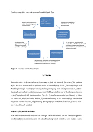 1
1
Studiens teoretiska ramverk sammanfattas i följande figur:
Figur 1. Studiens teoretiska ramverk.
METOD
I metodavsnittet beskrivs studiens arbetsprocess och de val vi gjorde för att uppfylla studiens
syfte. Avsnittet inleds med att förklara valet av vetenskaplig ansats, forskningsdesign och
forskningsstrategi. Vidare följer en omfattande genomgång över urvalsprocessen av fallföre-
taget och respondenter. Nästkommande avsnitt förklarar studiens val av forskningsinstrument
och tillvägagångsätt för datainsamling. Därefter behandlas anonymitetsproblematik och hur
det inverkade på vår fallstudie. Vidare följer en beskrivning av det analysverktyg som använts
i syfte att besvara studiens frågeställning. Slutligen följer en kritisk diskussion gällande studi-
ens reliabilitet och validitet.
Vetenskaplig ansats: abduktiv
När arbetet med studien inleddes var samtliga författare överens om att finansiella prestat-
ionsbaserade incitamentsstrukturer och värdefördelning var ett område vi ville studera vidare.
1) Agentproblem:
- Skilda mål
- Dolda handlingar
2) Agentkostnader:
- Bindningsutgifter
- Residualförlust
3) Prestationsbaserad
incitamentstruktur4) Ofördelaktigt- eller
produktivt lärande
5) Justeringar i den
prestationsbaserade
incitementstrukturen.
Agentproblem uppstår av
två faktorer och leder till
agentkostnader
För att reducera agentkostnader,
sammanföra målbilden och säkerställa
företagets tänkta värdefördelning
implementeras en prestationsbaserad
incitamentsstruktur
Den anställdes respons på den implementerade
incitamentsstrukturen påverkar värdefördel-
ning mellan företaget och den anställde.
Om den anställde
approprierar värde på
företagets bekostnad
genomförs justeringar
Den nya värdefördelningen
ändrar förutsättningarna i
agentrelationen
 