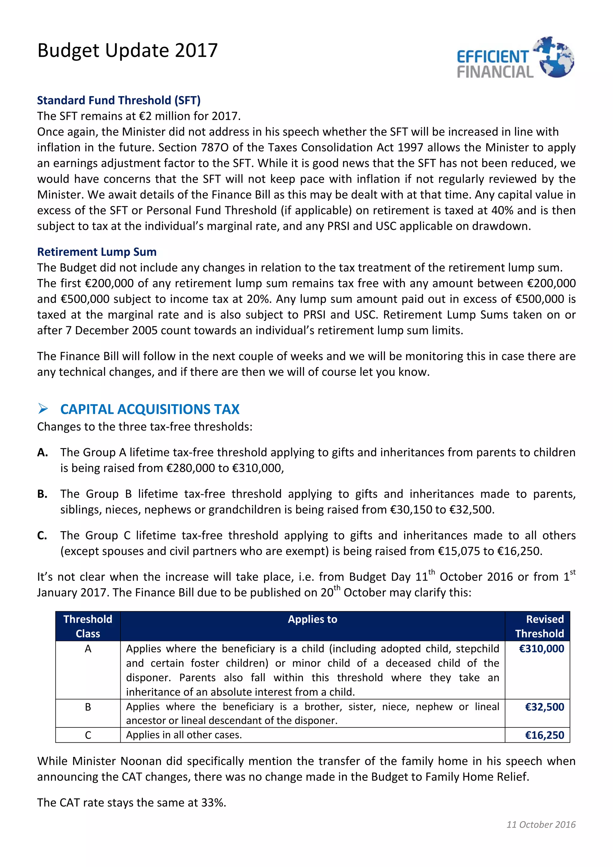 Budget Update 2017
11 October 2016
Standard Fund Threshold (SFT)
The SFT remains at €2 million for 2017.
Once again, the Minister did not address in his speech whether the SFT will be increased in line with
inflation in the future. Section 787O of the Taxes Consolidation Act 1997 allows the Minister to apply
an earnings adjustment factor to the SFT. While it is good news that the SFT has not been reduced, we
would have concerns that the SFT will not keep pace with inflation if not regularly reviewed by the
Minister. We await details of the Finance Bill as this may be dealt with at that time. Any capital value in
excess of the SFT or Personal Fund Threshold (if applicable) on retirement is taxed at 40% and is then
subject to tax at the individual’s marginal rate, and any PRSI and USC applicable on drawdown.
Retirement Lump Sum
The Budget did not include any changes in relation to the tax treatment of the retirement lump sum.
The first €200,000 of any retirement lump sum remains tax free with any amount between €200,000
and €500,000 subject to income tax at 20%. Any lump sum amount paid out in excess of €500,000 is
taxed at the marginal rate and is also subject to PRSI and USC. Retirement Lump Sums taken on or
after 7 December 2005 count towards an individual’s retirement lump sum limits.
The Finance Bill will follow in the next couple of weeks and we will be monitoring this in case there are
any technical changes, and if there are then we will of course let you know.
 CAPITAL ACQUISITIONS TAX
Changes to the three tax-free thresholds:
A. The Group A lifetime tax-free threshold applying to gifts and inheritances from parents to children
is being raised from €280,000 to €310,000,
B. The Group B lifetime tax-free threshold applying to gifts and inheritances made to parents,
siblings, nieces, nephews or grandchildren is being raised from €30,150 to €32,500.
C. The Group C lifetime tax-free threshold applying to gifts and inheritances made to all others
(except spouses and civil partners who are exempt) is being raised from €15,075 to €16,250.
It’s not clear when the increase will take place, i.e. from Budget Day 11th
October 2016 or from 1st
January 2017. The Finance Bill due to be published on 20th
October may clarify this:
Threshold
Class
Applies to Revised
Threshold
A Applies where the beneficiary is a child (including adopted child, stepchild
and certain foster children) or minor child of a deceased child of the
disponer. Parents also fall within this threshold where they take an
inheritance of an absolute interest from a child.
€310,000
B Applies where the beneficiary is a brother, sister, niece, nephew or lineal
ancestor or lineal descendant of the disponer.
€32,500
C Applies in all other cases. €16,250
While Minister Noonan did specifically mention the transfer of the family home in his speech when
announcing the CAT changes, there was no change made in the Budget to Family Home Relief.
The CAT rate stays the same at 33%.
 