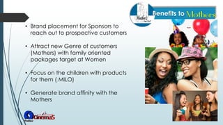 • Brand placement for Sponsors to
reach out to prospective customers
• Attract new Genre of customers
(Mothers) with family oriented
packages target at Women
• Focus on the children with products
for them ( MILO)
• Generate brand affinity with the
Mothers
 