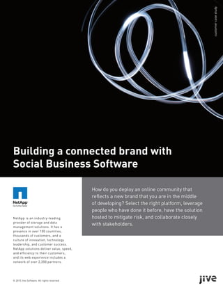 © 2010 Jive Software. All rights reserved.
How do you deploy an online community that
reﬂects a new brand that you are in the middle
of developing? Select the right platform, leverage
people who have done it before, have the solution
hosted to mitigate risk, and collaborate closely
with stakeholders.
NetApp is an industry-leading
provider of storage and data
management solutions. It has a
presence in over 100 countries,
thousands of customers, and a
culture of innovation, technology
leadership, and customer success.
NetApp solutions deliver value, speed,
and efficiency to their customers;
and its web experience includes a
network of over 2,200 partners.
Building a connected brand with
Social Business Software
customercasestudy
 