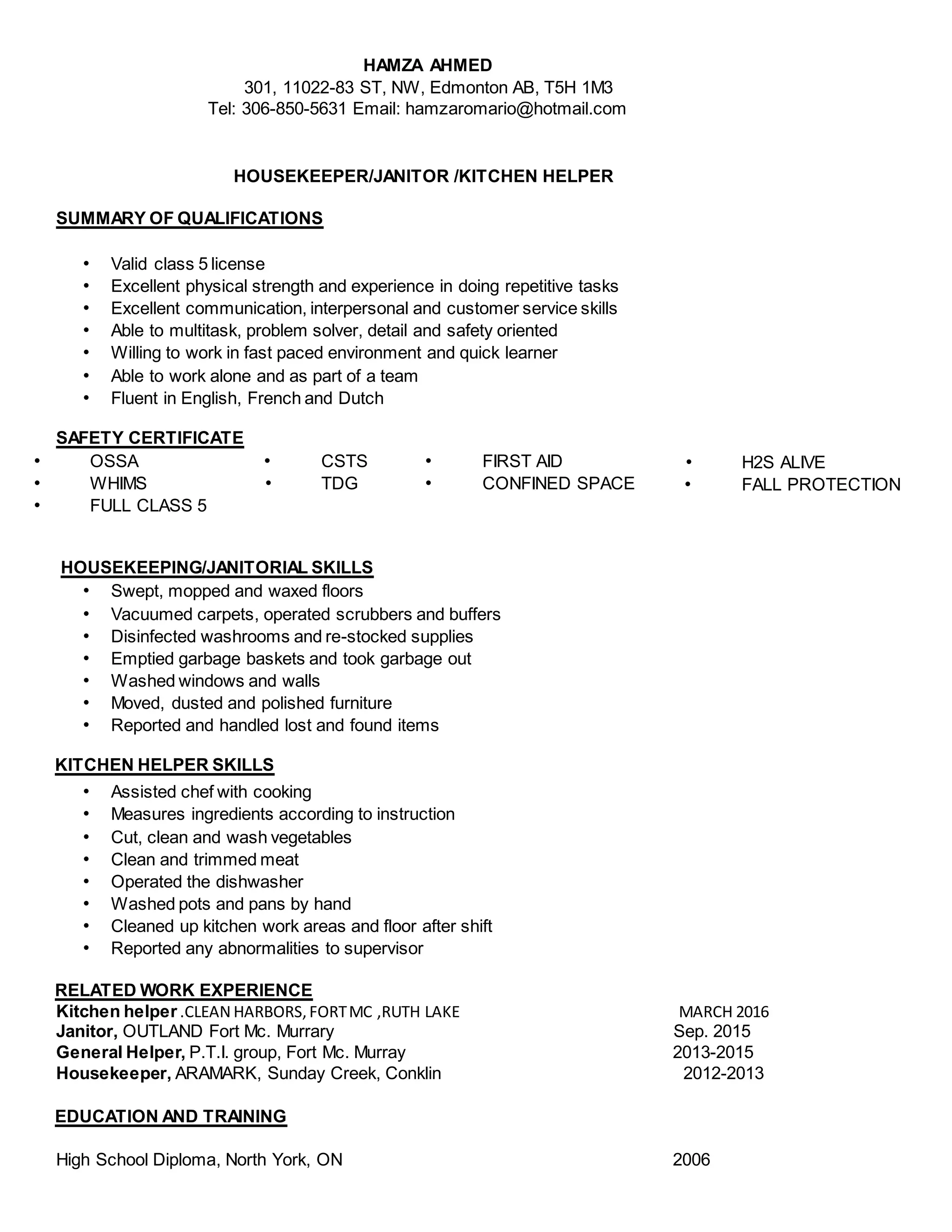 Hamza Abdi HOUSE KEEPING Resume PDF hamza-abdi-house-keeping-resume-pdf